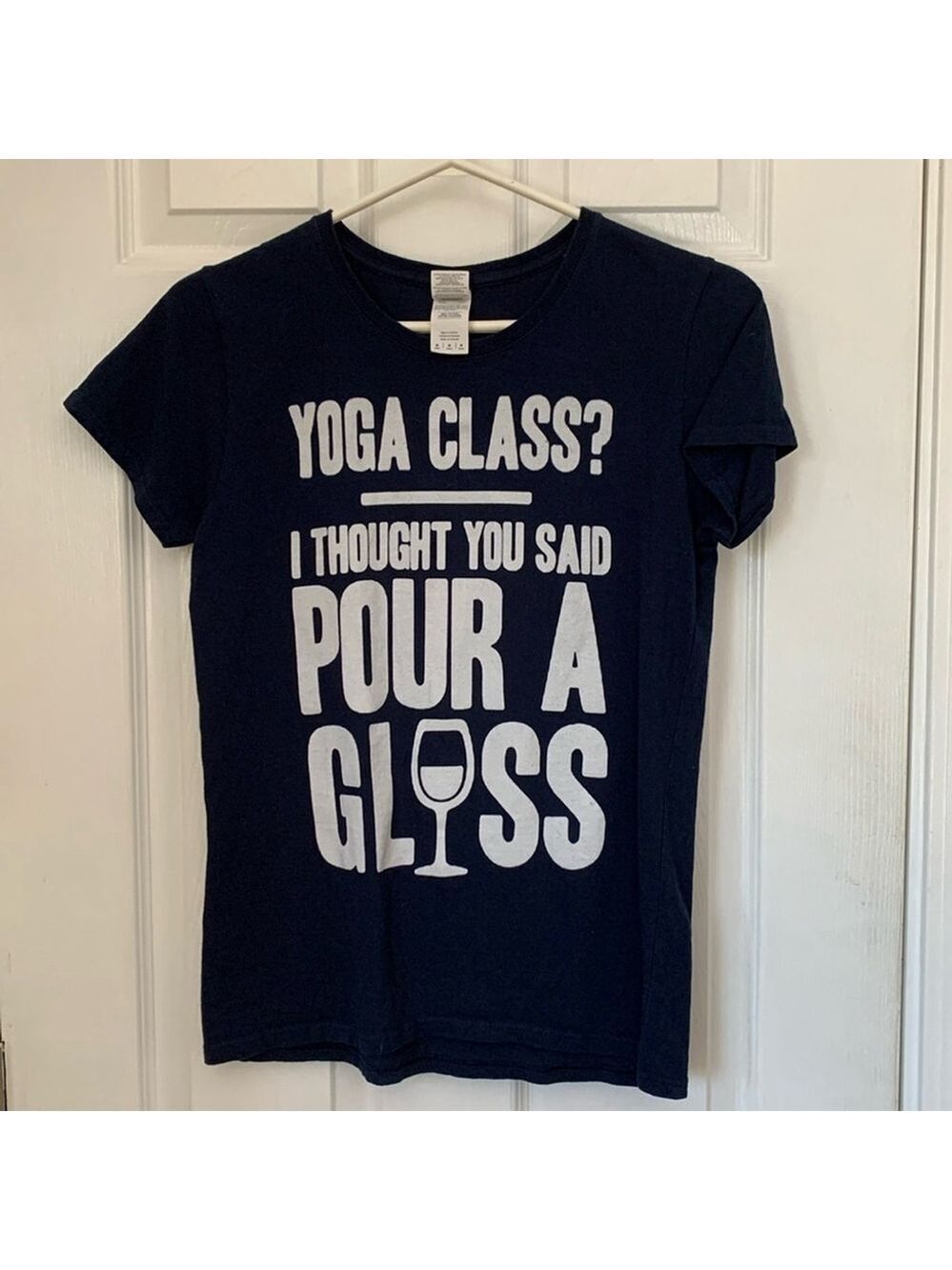 Navy Blue Cotton T-Shirt with yoga Wine Glass Print